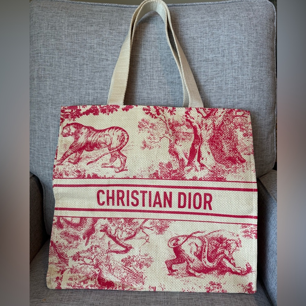 NEW Christian Dior Red and Cream  Straw Dioriviera Tote Bag